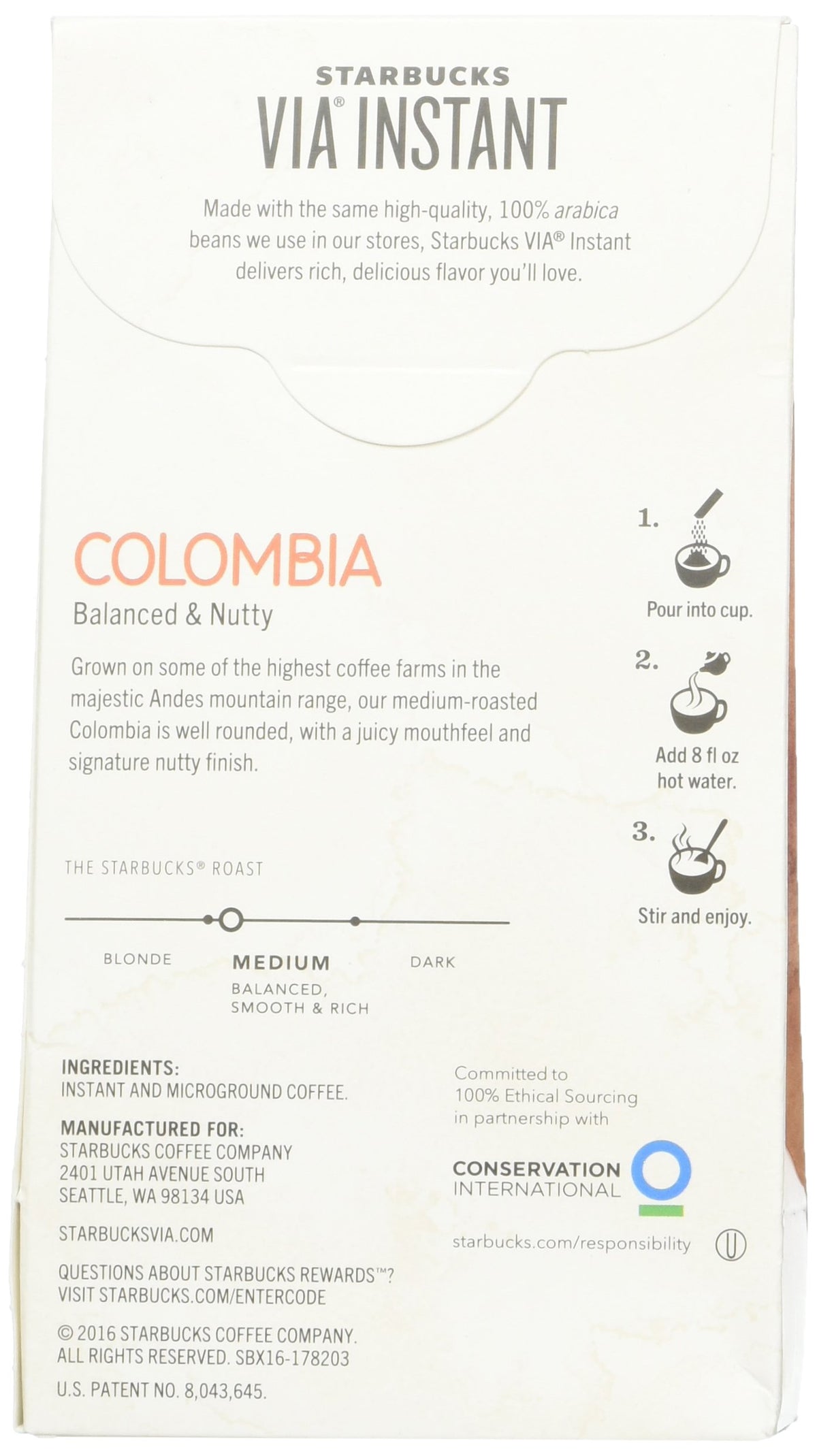 Starbucks VIA Colombia coffee packs packaging image, travel-friendly for on-the-go breaks