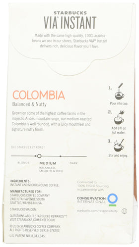 Starbucks VIA Colombia coffee packs packaging image, travel-friendly for on-the-go breaks
