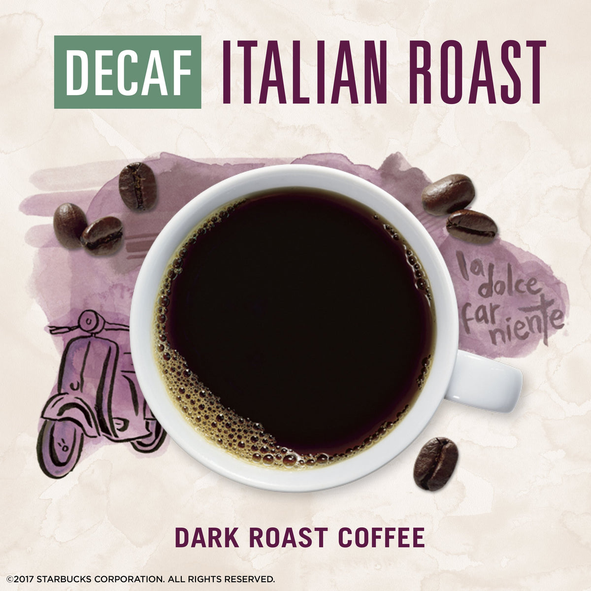Starbucks VIA Decaf Italian Roast hot-water prep offers quick, rich flavor anytime.