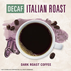 Starbucks VIA Decaf Italian Roast hot-water prep offers quick, rich flavor anytime.