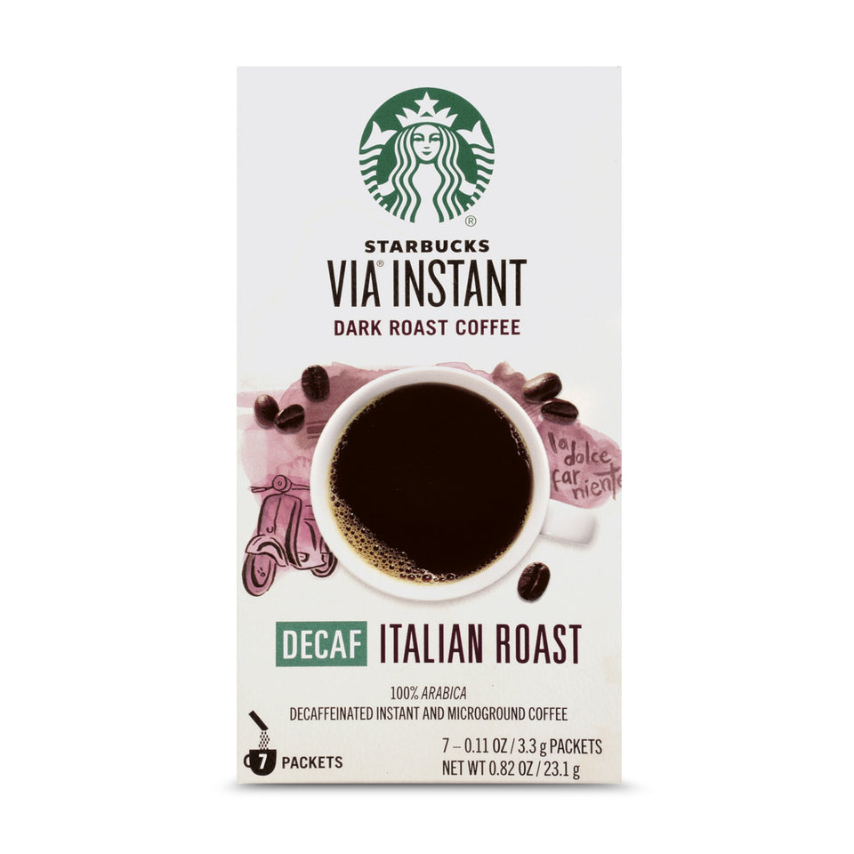 Starbucks VIA Decaf Italian Roast packet ready for fast, aromatic coffee at home or on the go.