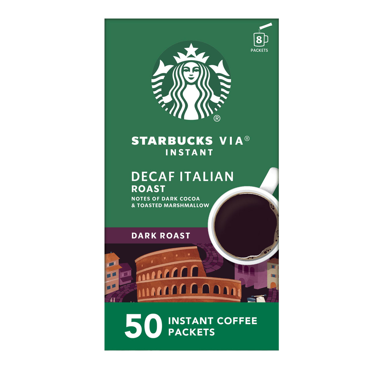 Starbucks VIA Decaf Italian Roast packets ready for quick brewing.