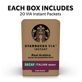 Starbucks VIA Decaf Italian Roast steaming cup highlights rich aroma and bold flavor.