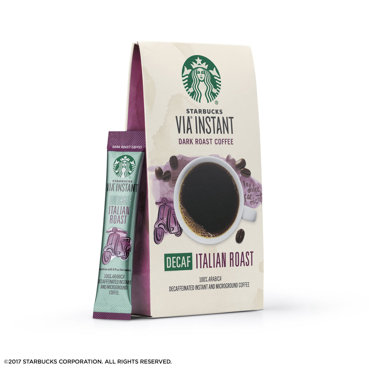 Starbucks VIA Decaf Italian Roast tear-open packet delivers instant aroma with no machine needed.