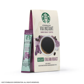Starbucks VIA Decaf Italian Roast tear-open packet delivers instant aroma with no machine needed.