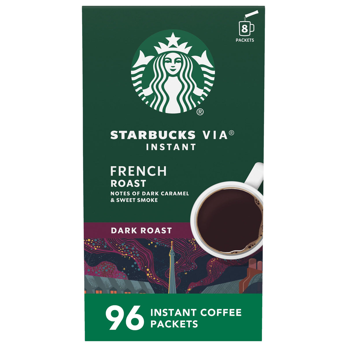 Starbucks VIA French Roast box offers quick, bold flavor for busy mornings.