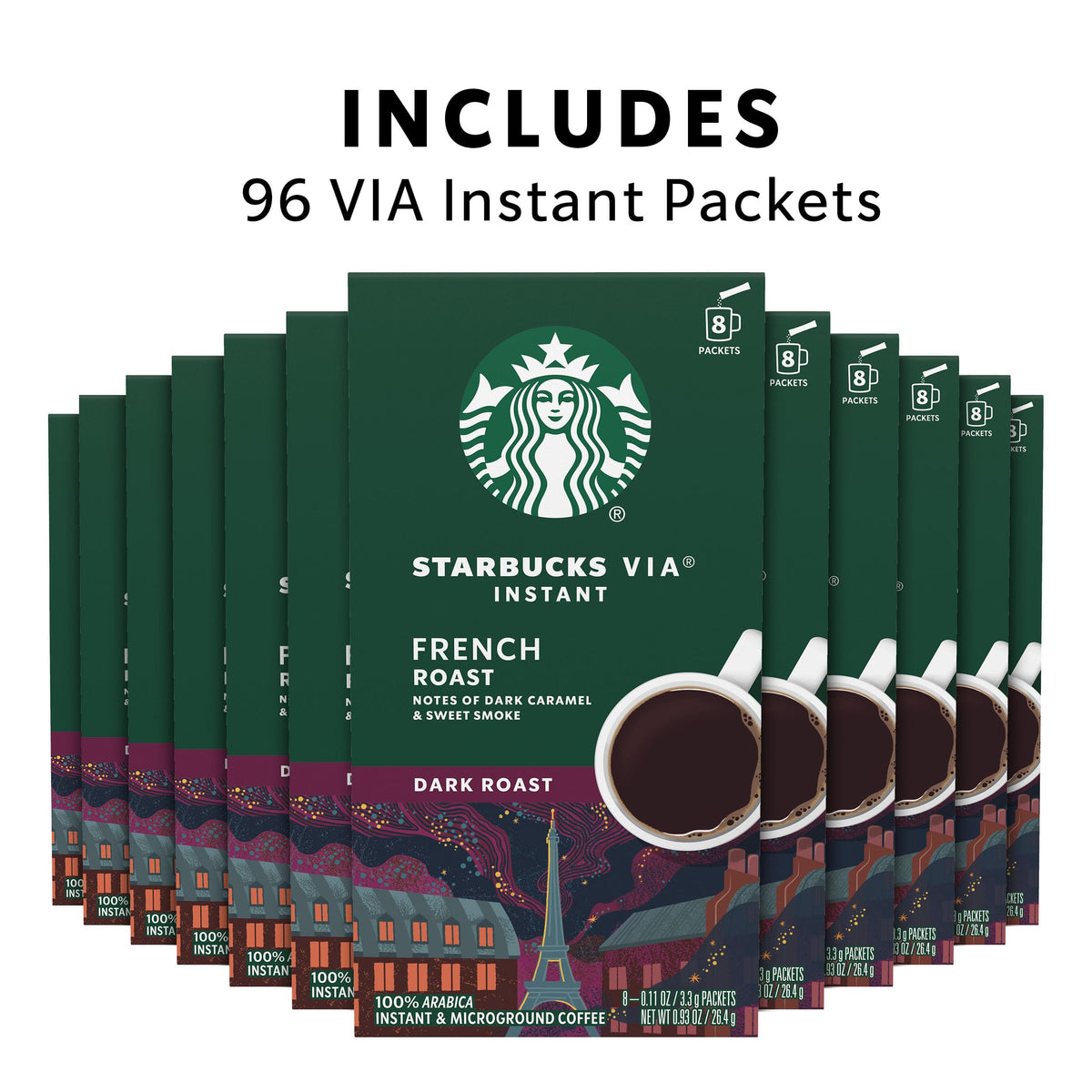 Starbucks VIA French Roast packets close-up highlighting convenient single-serve format.