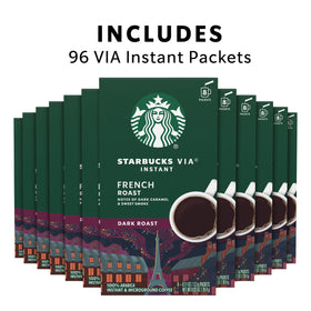 Starbucks VIA French Roast packets close-up highlighting convenient single-serve format.