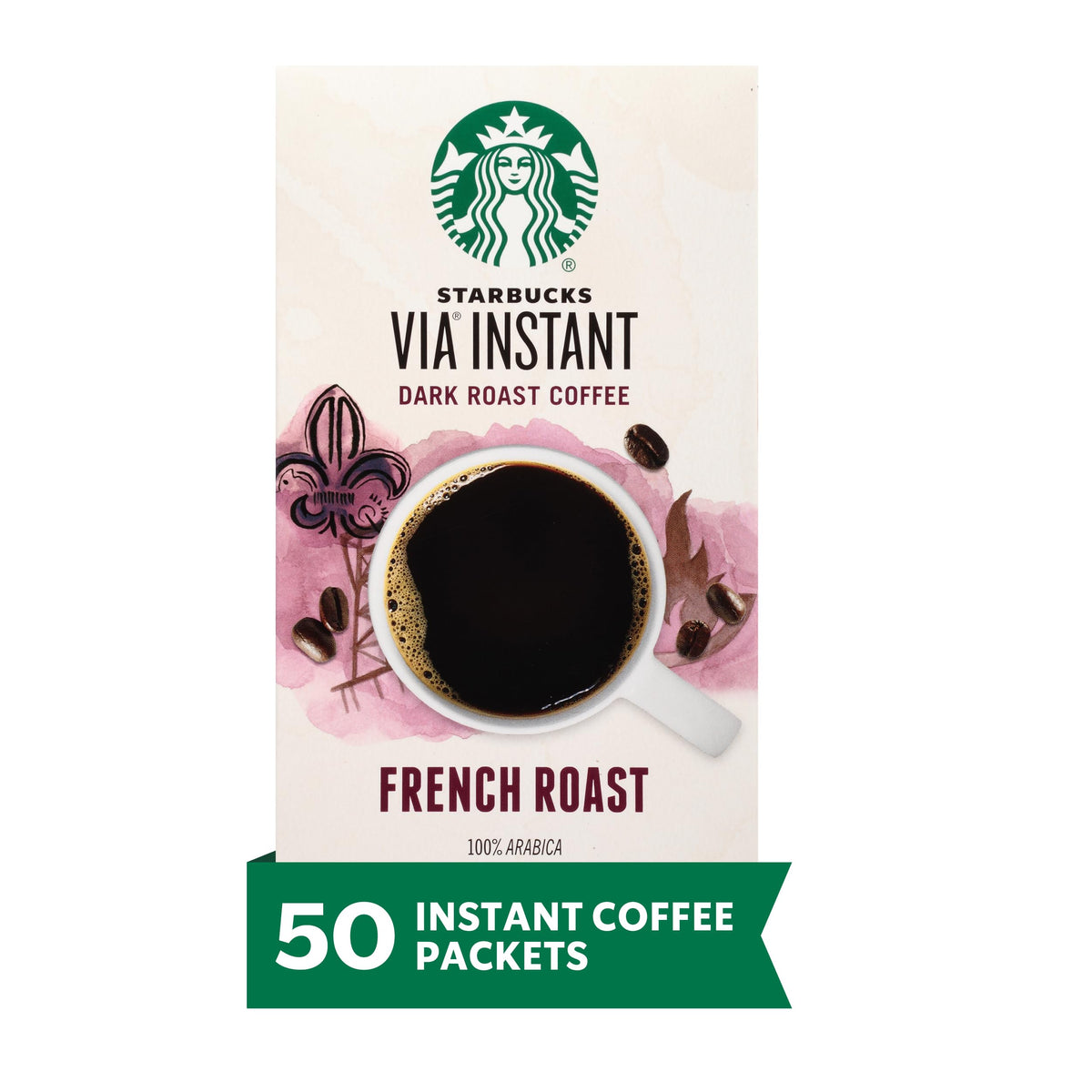 Starbucks VIA Instant French Roast box with 50 packets for quick, flavorful mornings.