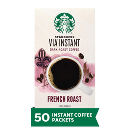 Starbucks VIA Instant French Roast box with 50 packets for quick, flavorful mornings.
