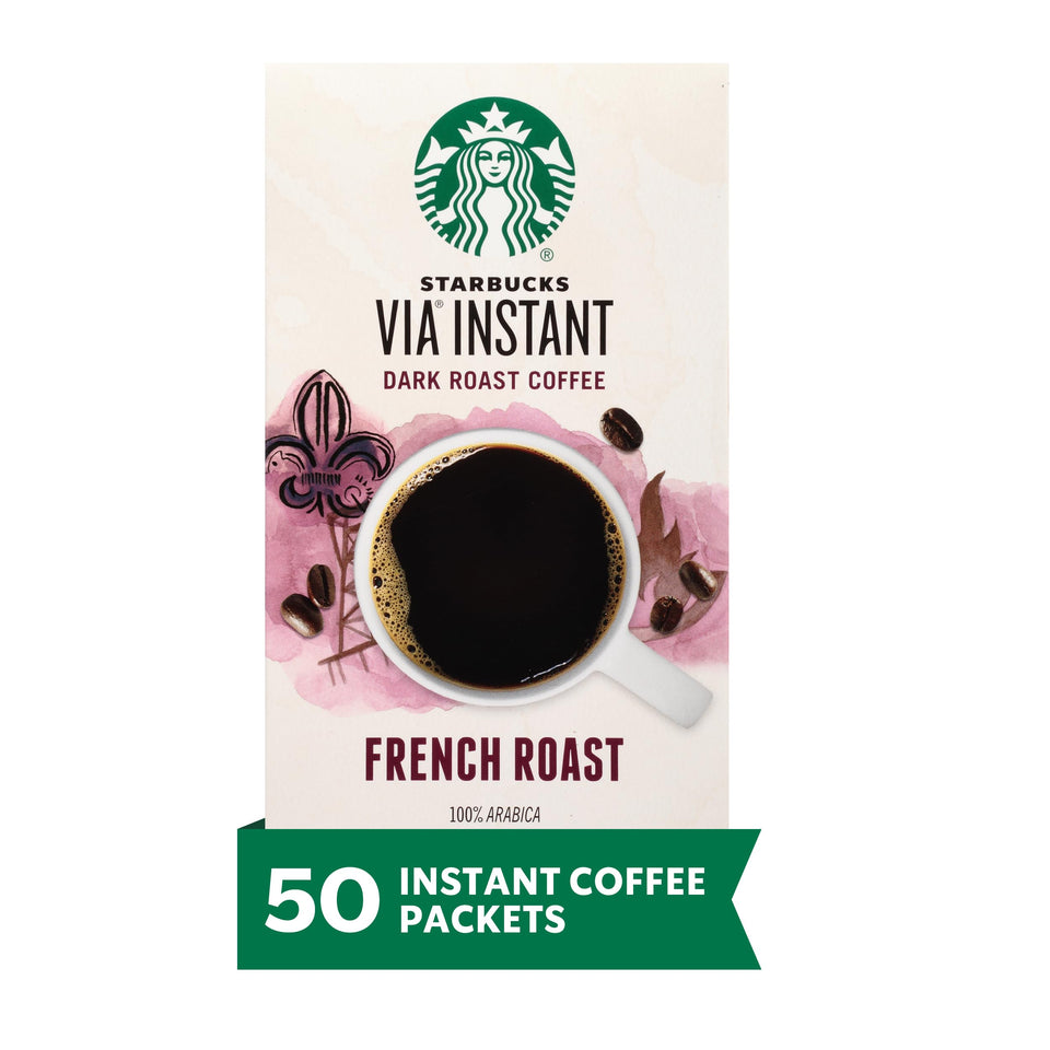 Starbucks VIA Instant French Roast box with 50 packets for quick, flavorful mornings.