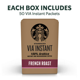 Starbucks VIA Instant French Roast packets spread on a table, ready for fast coffee moments.