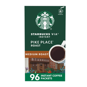 Starbucks VIA Pike Place Roast instant coffee packets on the box highlight convenient home brewing.