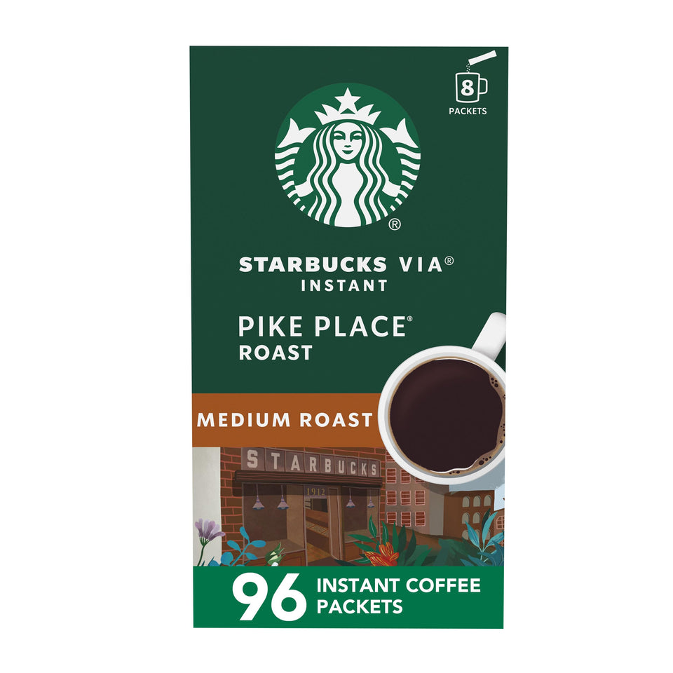 Starbucks VIA Pike Place Roast instant coffee packets on the box highlight convenient home brewing.