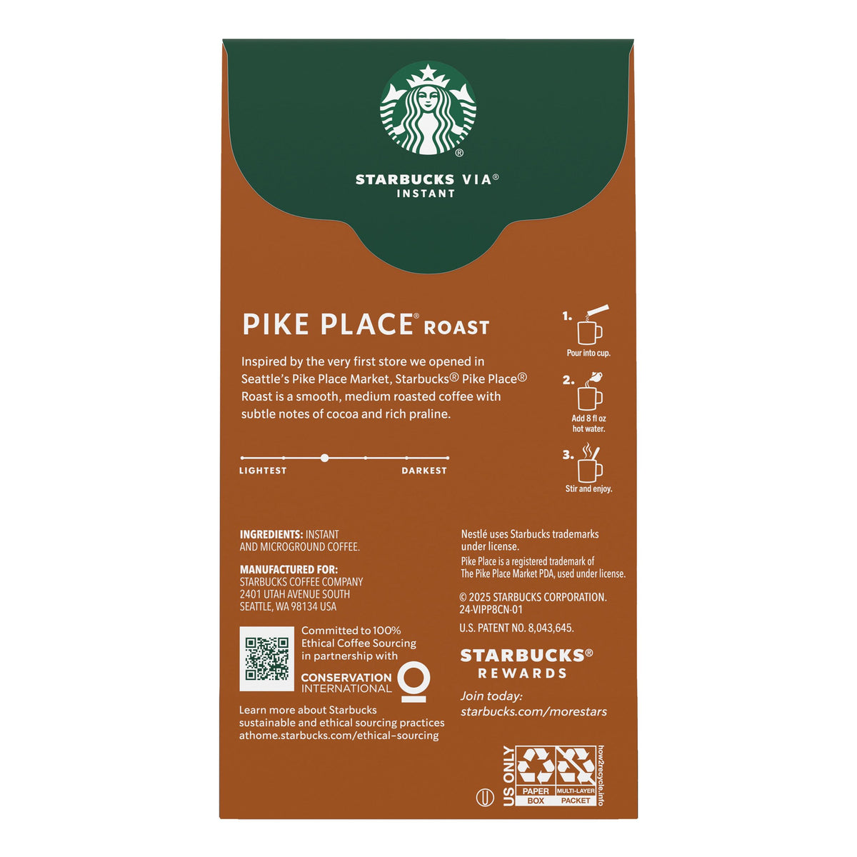 Starbucks VIA Pike Place Roast packaging and cup reveal cocoa and praline notes.