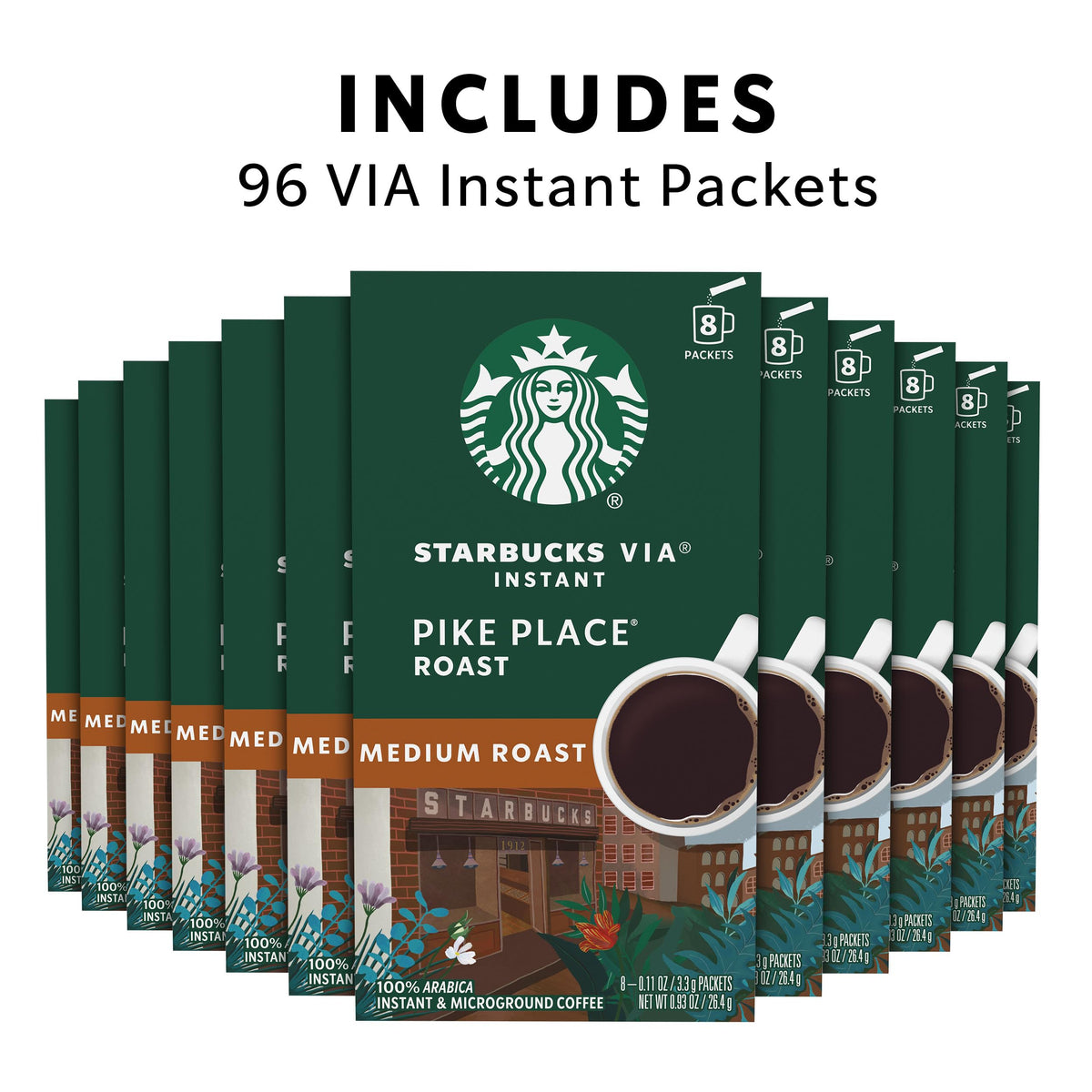 Starbucks VIA Pike Place Roast packet close-up emphasizes easy single-serve preparation.