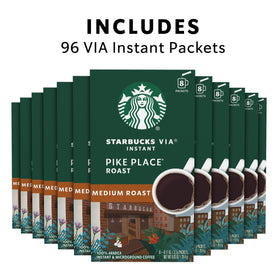 Starbucks VIA Pike Place Roast packet close-up emphasizes easy single-serve preparation.