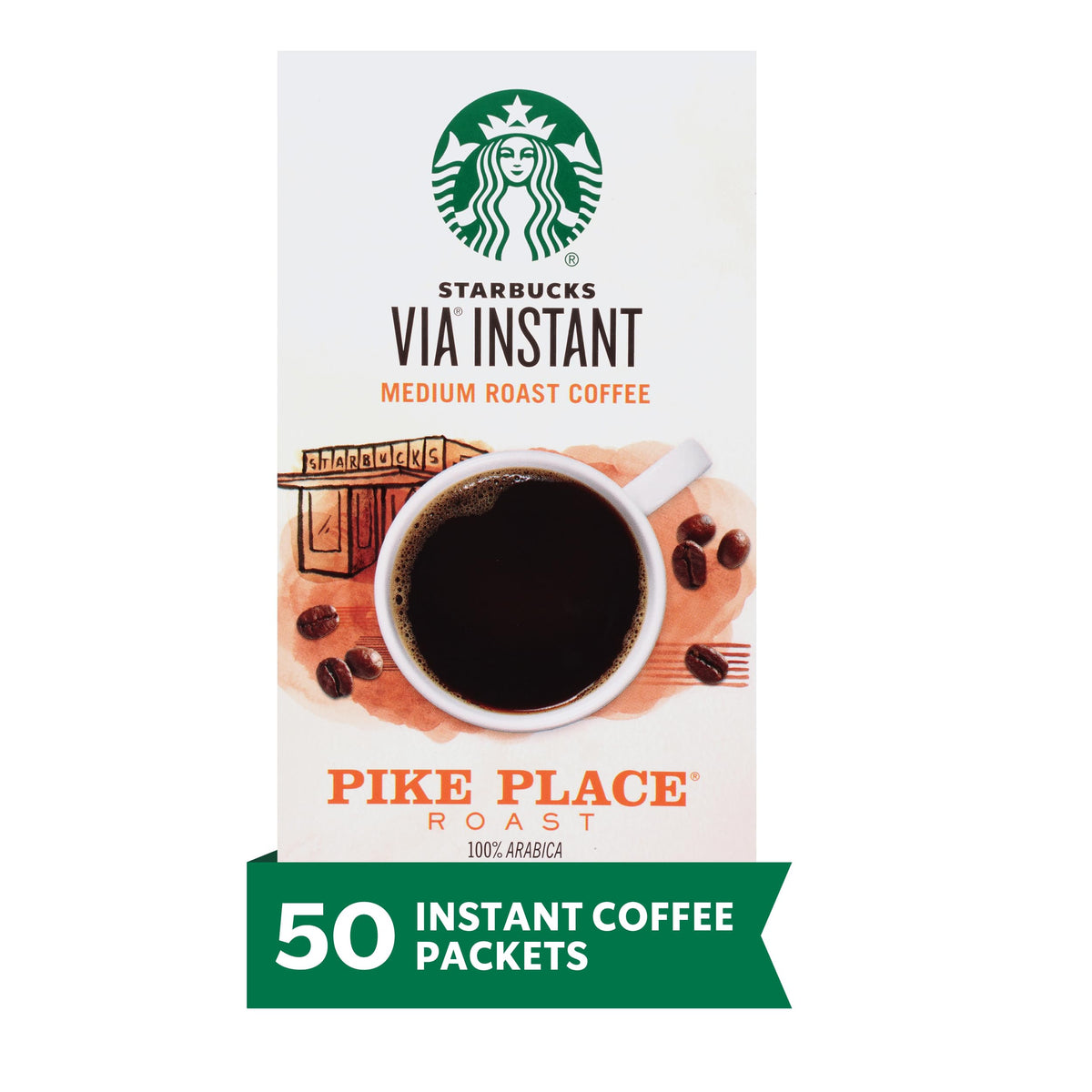 Starbucks VIA Pike Place Roast box-front highlighting convenient instant coffee for busy mornings