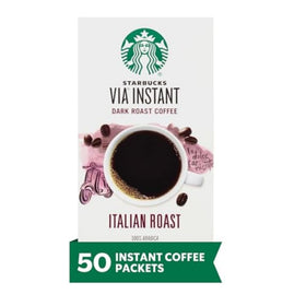 Starbucks VIA Italian Roast box of 50 packets for quick, flavorful single-serve coffee