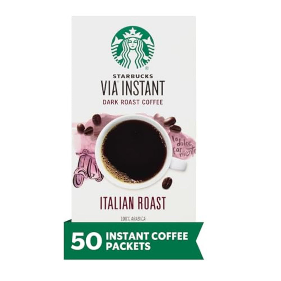 Starbucks VIA Italian Roast box of 50 packets for quick, flavorful single-serve coffee