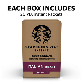 Starbucks VIA Italian Roast box shown for organized single-serve coffee at home or travel.