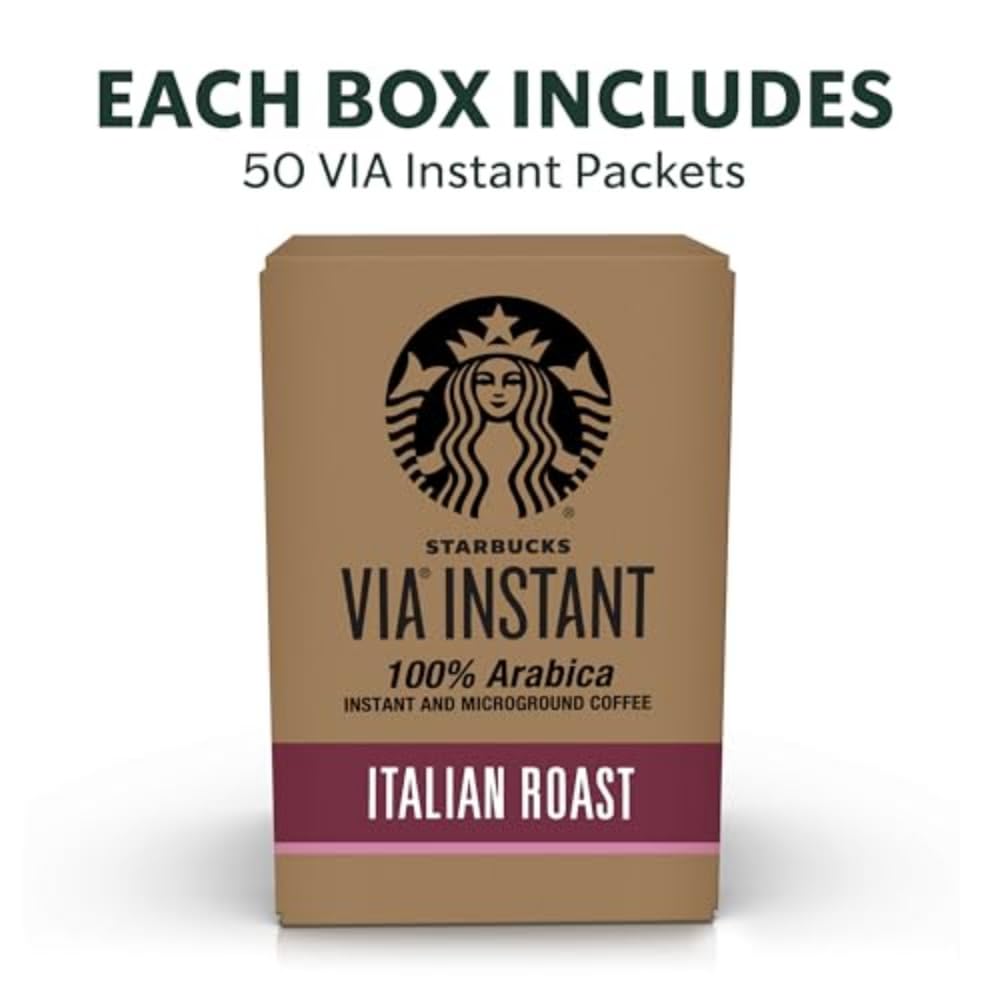 Starbucks VIA Italian Roast packets closeup, premium instant coffee for home or travel