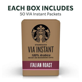 Starbucks VIA Italian Roast packets closeup, premium instant coffee for home or travel