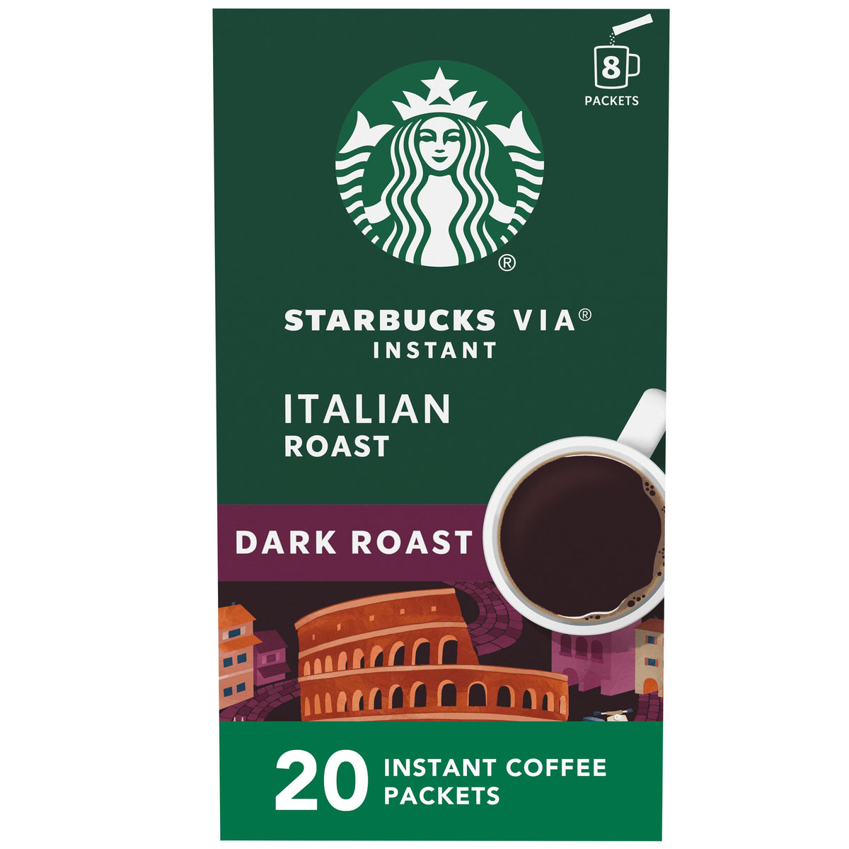 Starbucks VIA Italian Roast packets ready for a quick premium cup on the go.