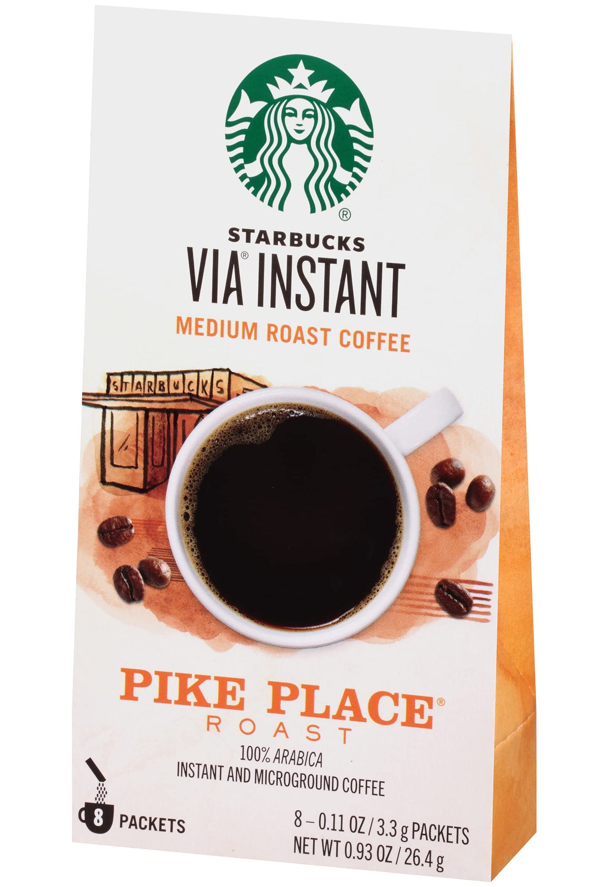 Starbucks Via Pike Place cup showing aroma and bean quality closeup.