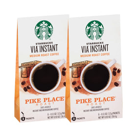 Starbucks Via Pike Place instant coffee packets in a box, convenient for busy mornings.