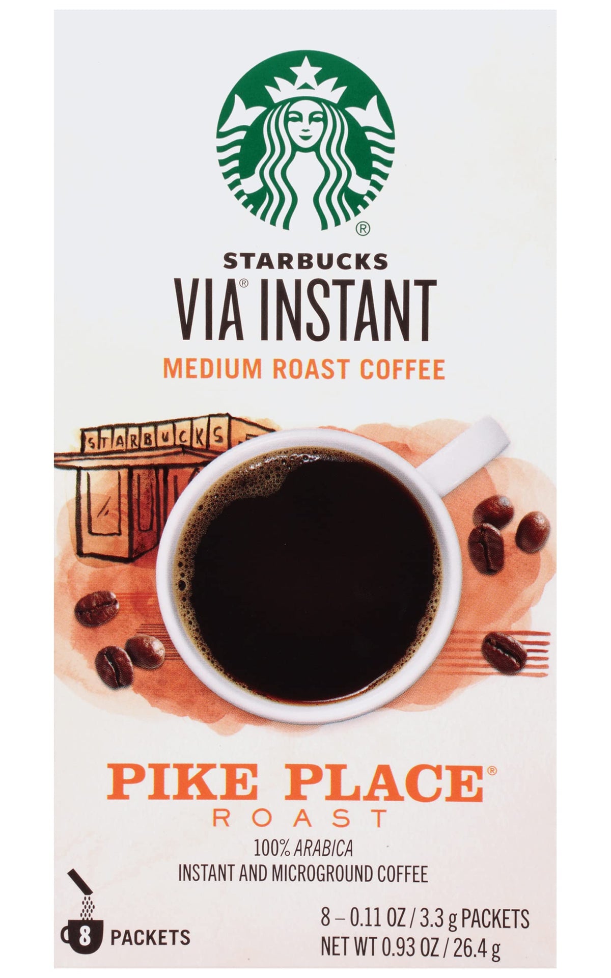 Starbucks Via Pike Place packets closeup, 100% Arabica flavor in every serving.