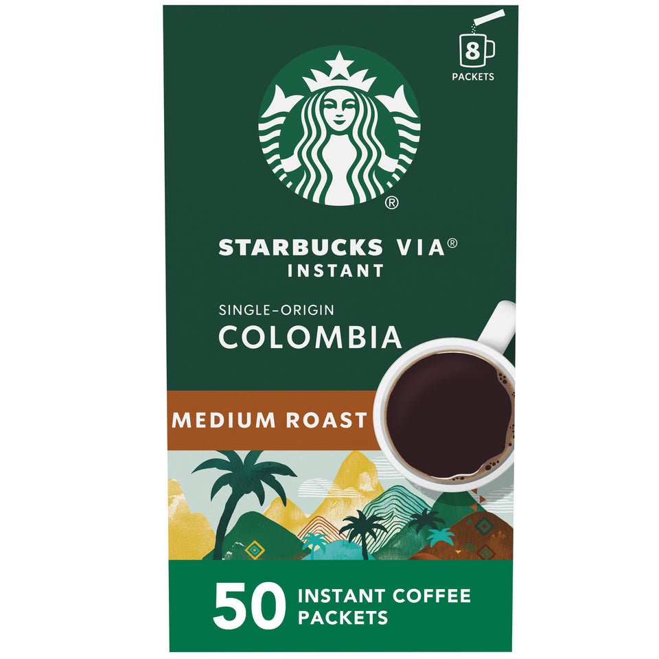 Starbucks VIA Ready Brew Colombia coffee box showing portable, instant access to flavor