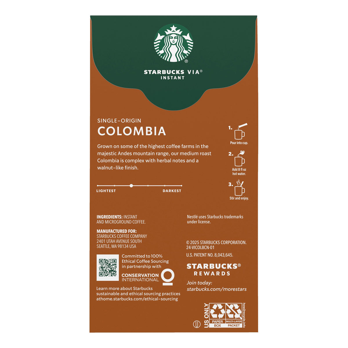 Starbucks VIA Ready Brew Colombia coffee in-pack packaging showcased for storage