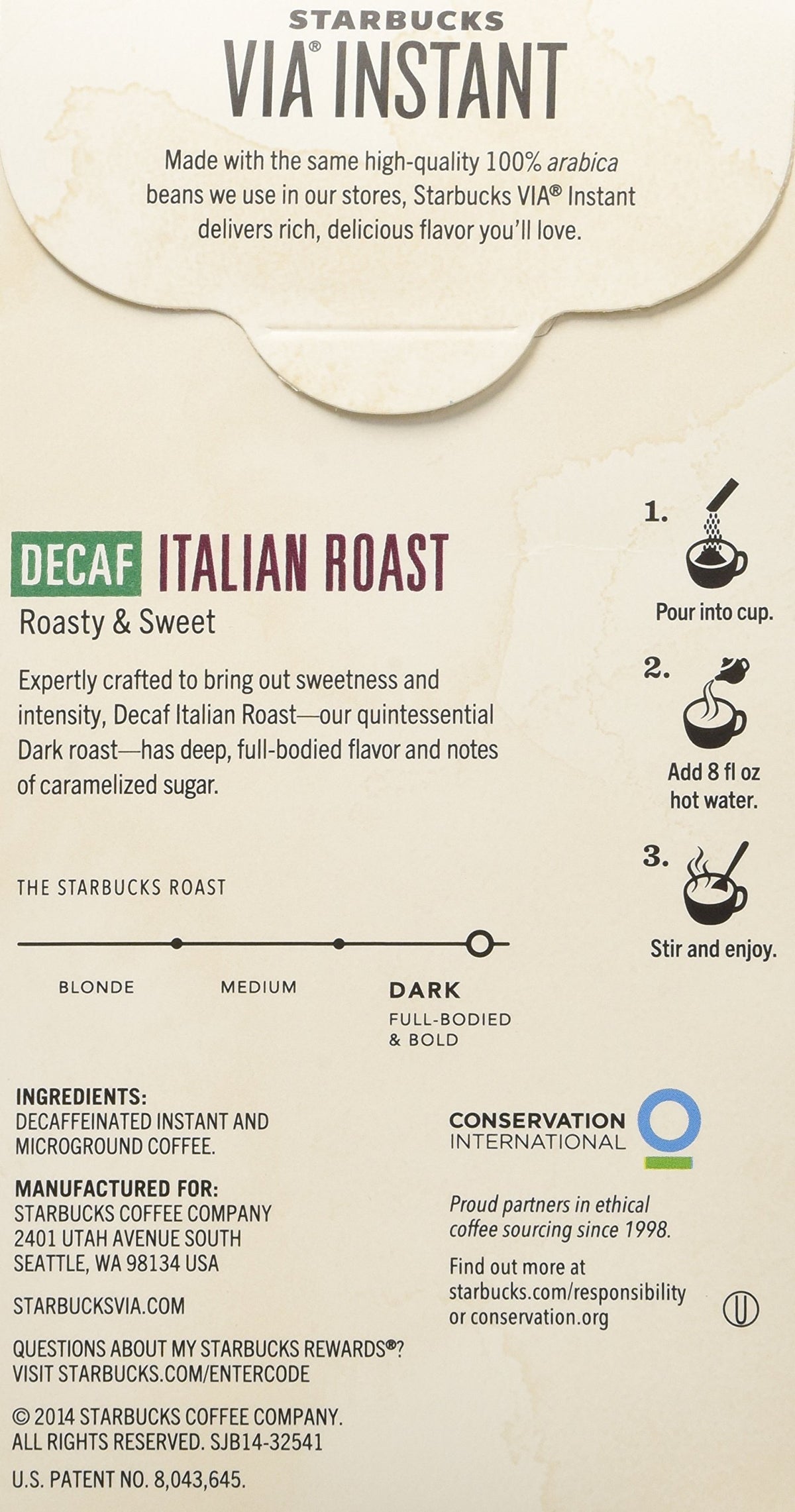 Starbucks VIA Ready Brew Decaf Italian Roast cup delivers bold, smoky flavor in seconds.