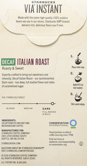 Starbucks VIA Ready Brew Decaf Italian Roast cup delivers bold, smoky flavor in seconds.