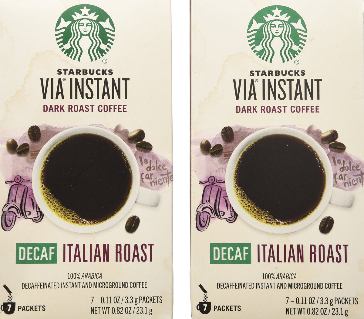 Starbucks VIA Ready Brew Decaf Italian Roast packets offer quick, aromatic convenience.