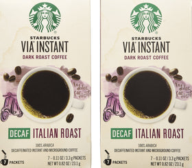 Starbucks VIA Ready Brew Decaf Italian Roast packets offer quick, aromatic convenience.