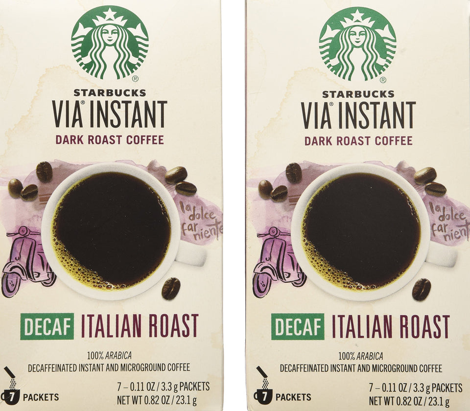 Starbucks VIA Ready Brew Decaf Italian Roast packets offer quick, aromatic convenience.