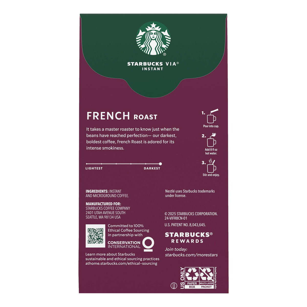 Starbucks VIA French Roast on travel mug highlights on-the-go versatility.