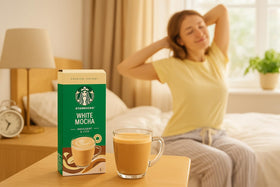 Starbucks White Mocha sachets dissolving quickly into a cup for a fast indulgence