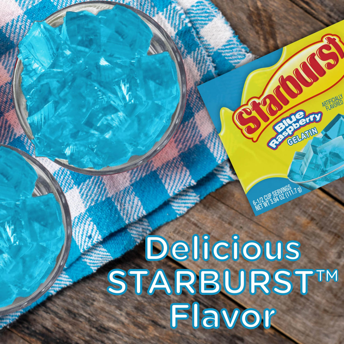 Box of Starburst Gelatin Blue Raspberry packaging on a kitchen counter