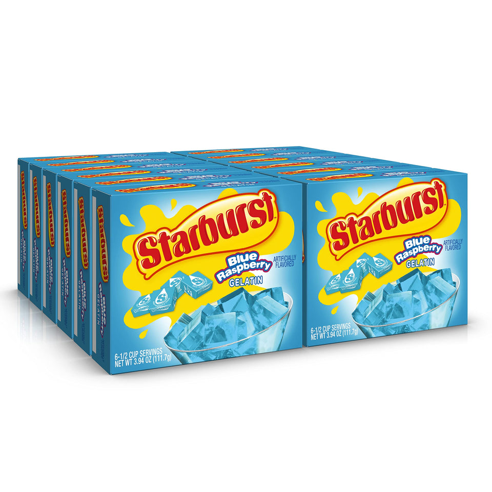 Starburst Gelatin Blue Raspberry ready-to-serve cubes in a glass dessert cup, fruity and refreshing