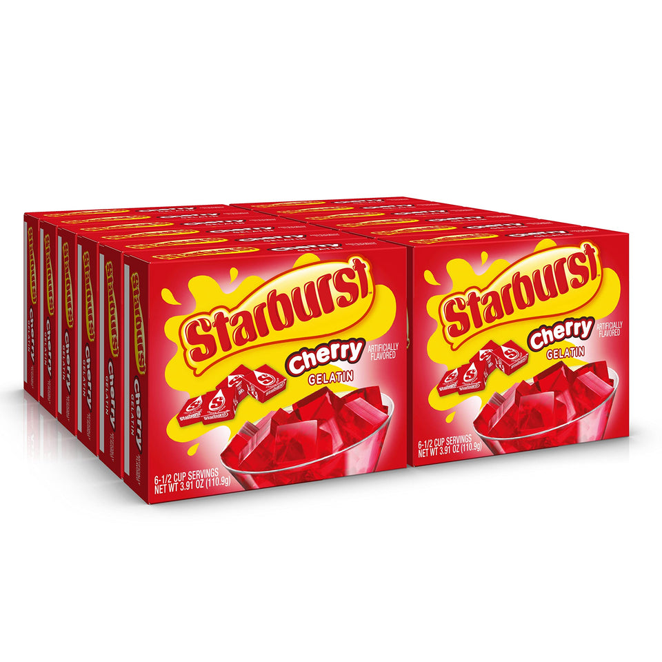 Starburst Gelatin Cherry box shows 12-count packaging for quick, colorful desserts