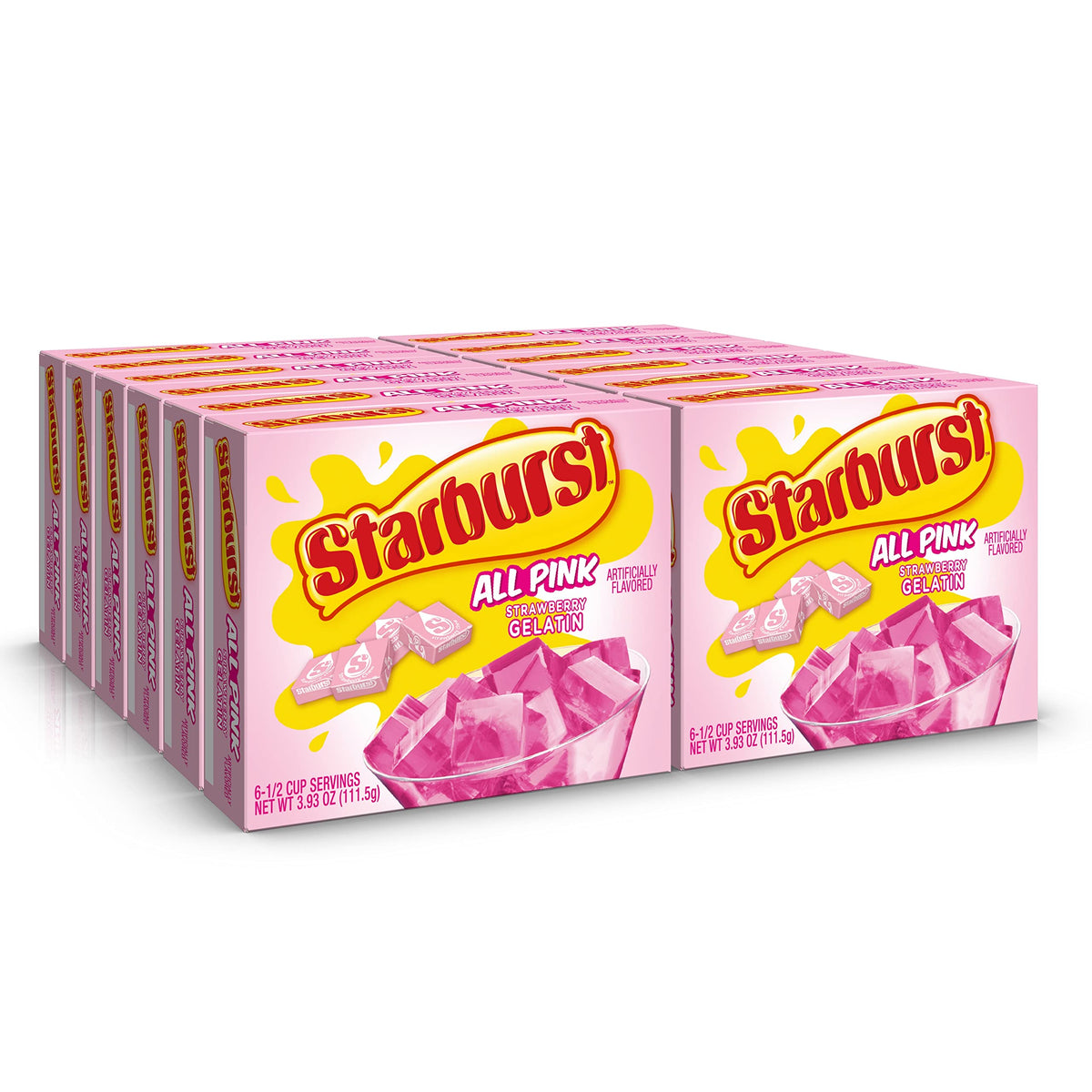 Starburst Gelatin strawberry box front showing a ready-to-dissolve mix for quick treats