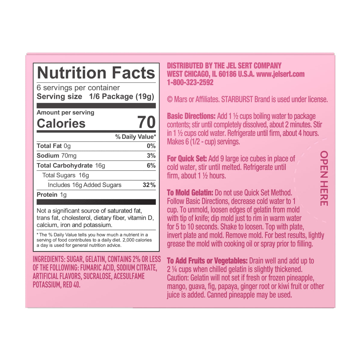 Starburst Gelatin Variety Pack Box showcases four flavors for versatile snacking.