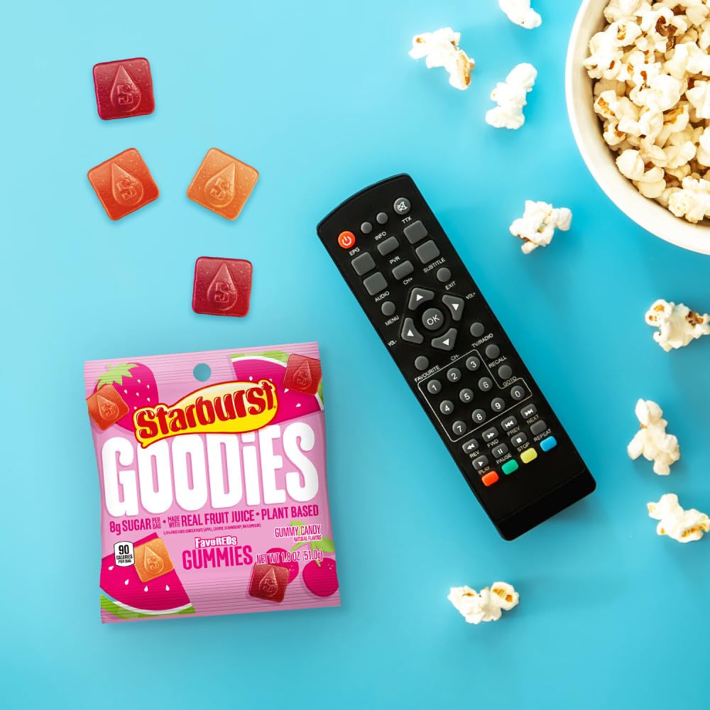 Starburst Goodies FaveREDS gummies on a plate, 60 calories per serving.