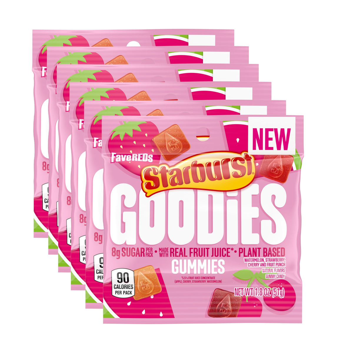 Starburst Goodies FaveREDS gummies bag close-up, juicy fruit flavors for on-the-go snacking.