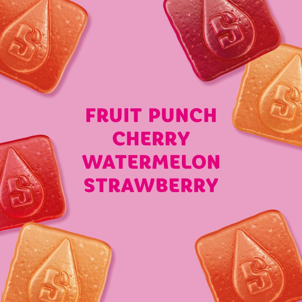 Starburst Goodies FaveREDS gummies close-up texture, chewy bite with real fruit juice.