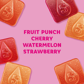 Starburst Goodies FaveREDS gummies close-up texture, chewy bite with real fruit juice.