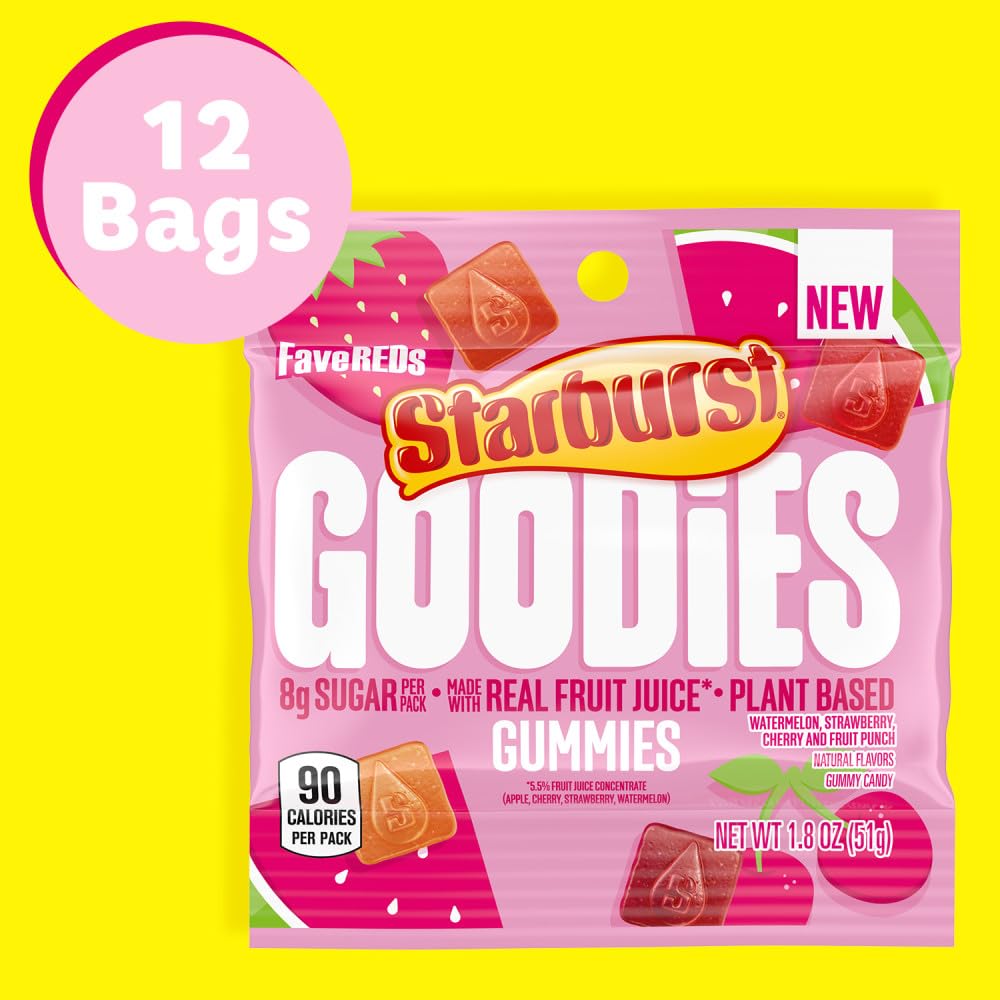Starburst Goodies FaveREDS gummies on a table, ready for a tasty treat.
